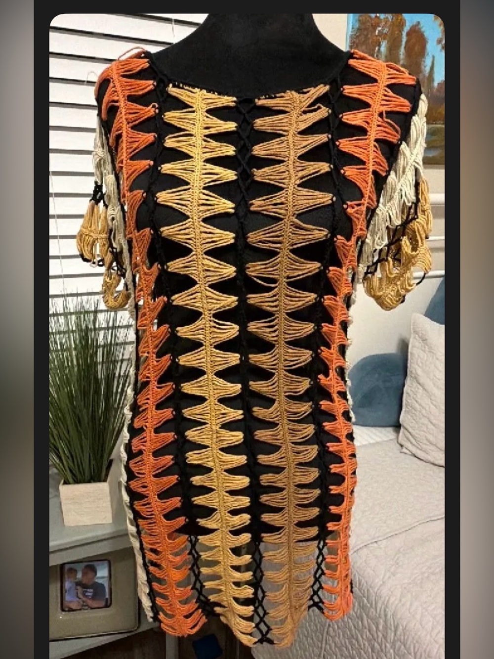 Handcrafted Black Crochet top with Orange & Gold Accents PTP 18